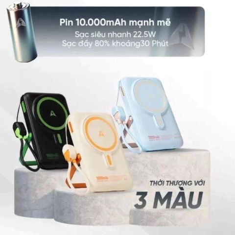 Pin Sạc Dự Phòng Không Dây KM06 - 10000mAh Sạc Nhanh 22.5W, Tích hợp 2 dây Sẵn và Giá Đỡ